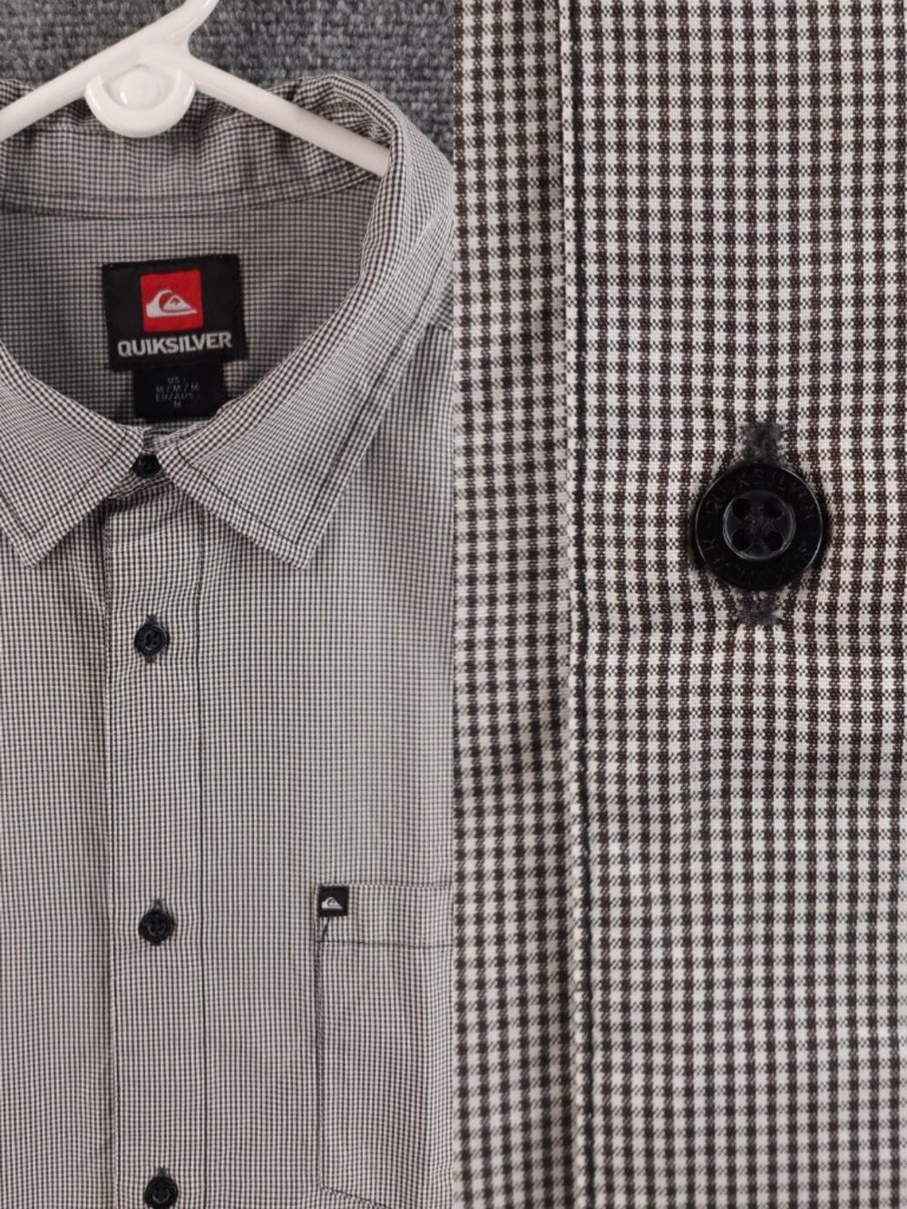 Quiksilver Cotton Check Medium Short Sleeve Gray Shirt Skate Mens Pocket Adult